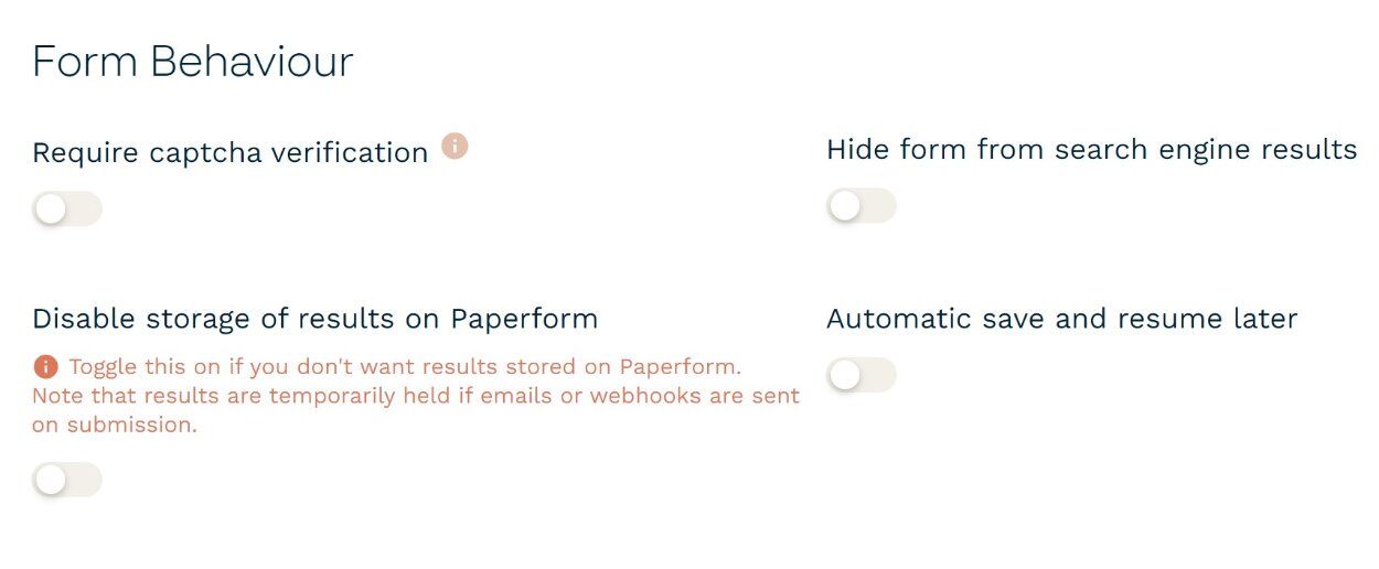 Form Behaviour toggle within Paperform's configuration settings