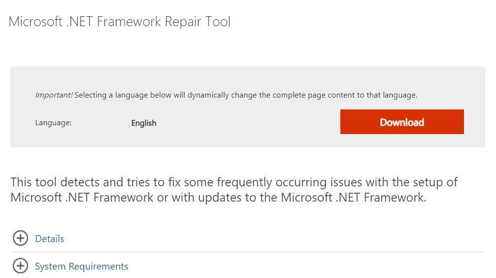 Microsoft .NET Framework Repair Tool download screen