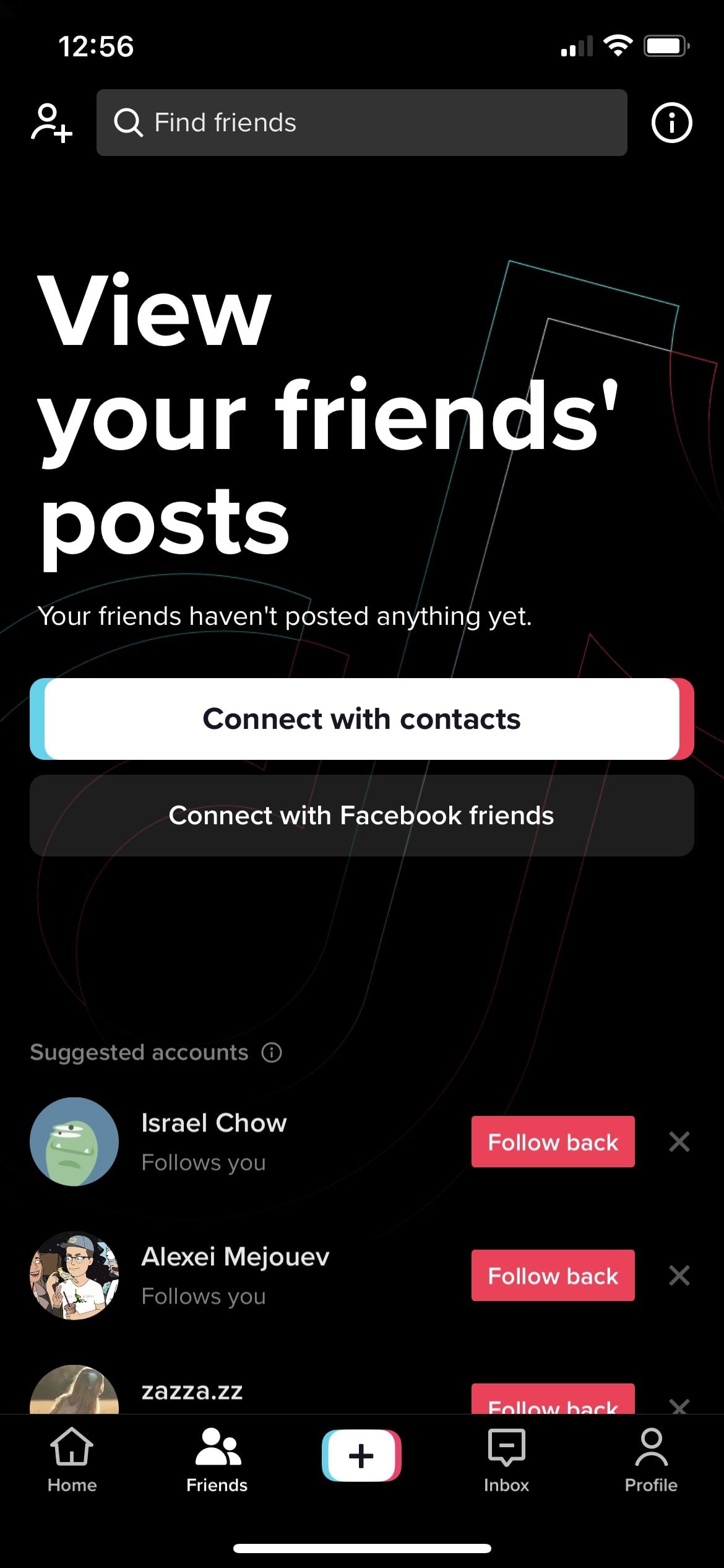 Screenshot of the Friends tab with no friends yet