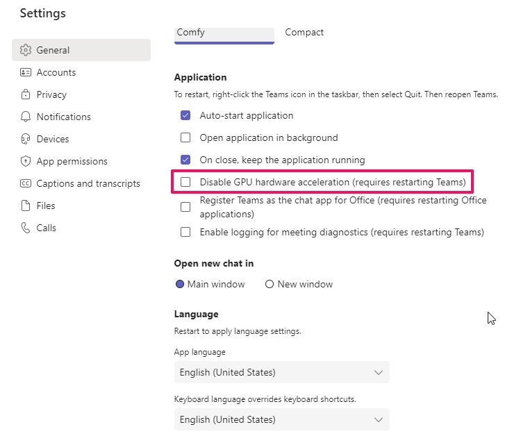 Microsoft Teams settings screen