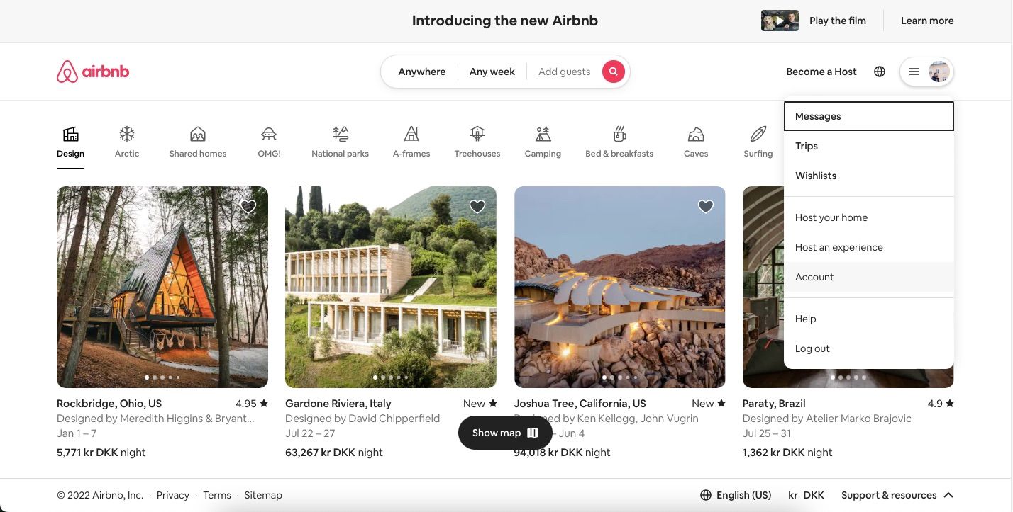 اسکرین شات نحوه رفتن به حساب کاربری در Airbnb را نشان می دهد