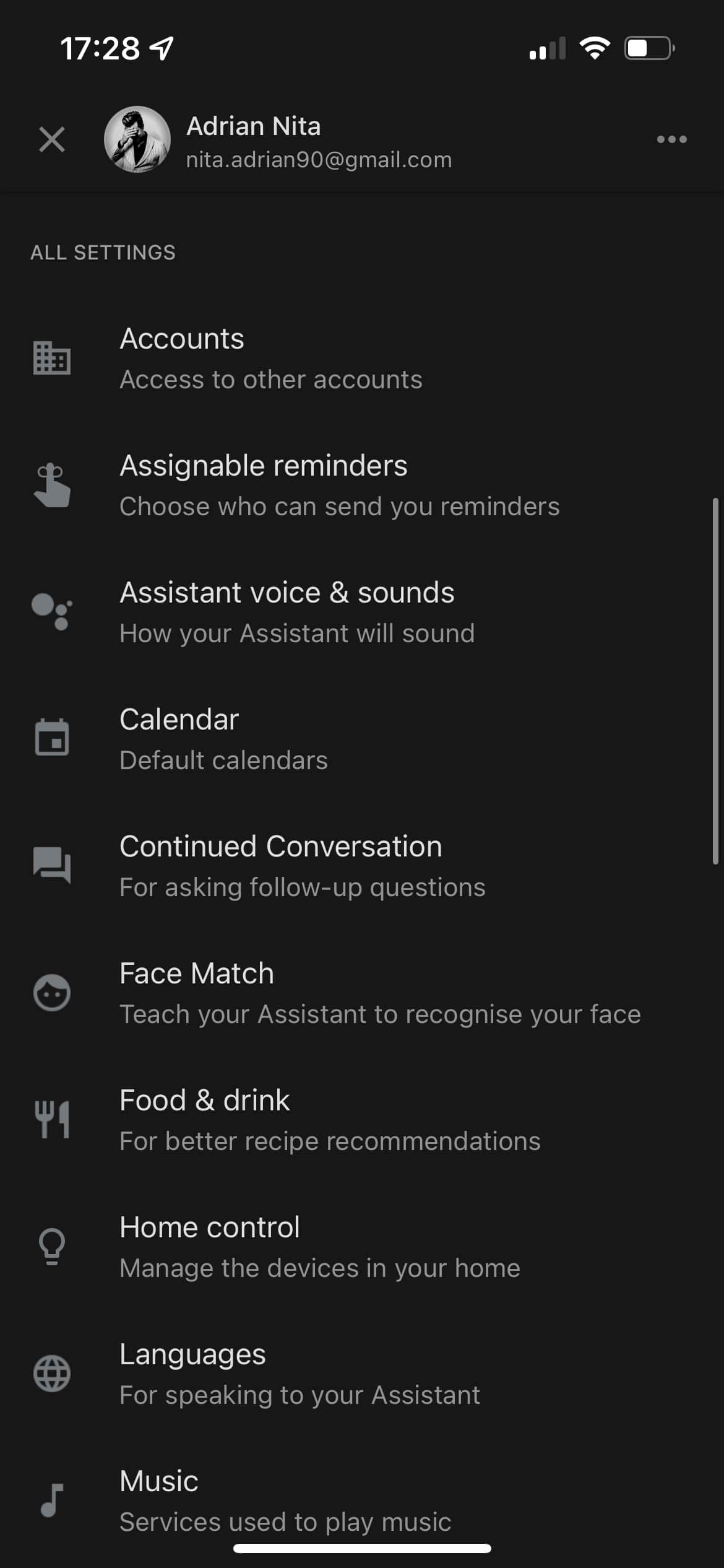 Google Home App Assistant settings