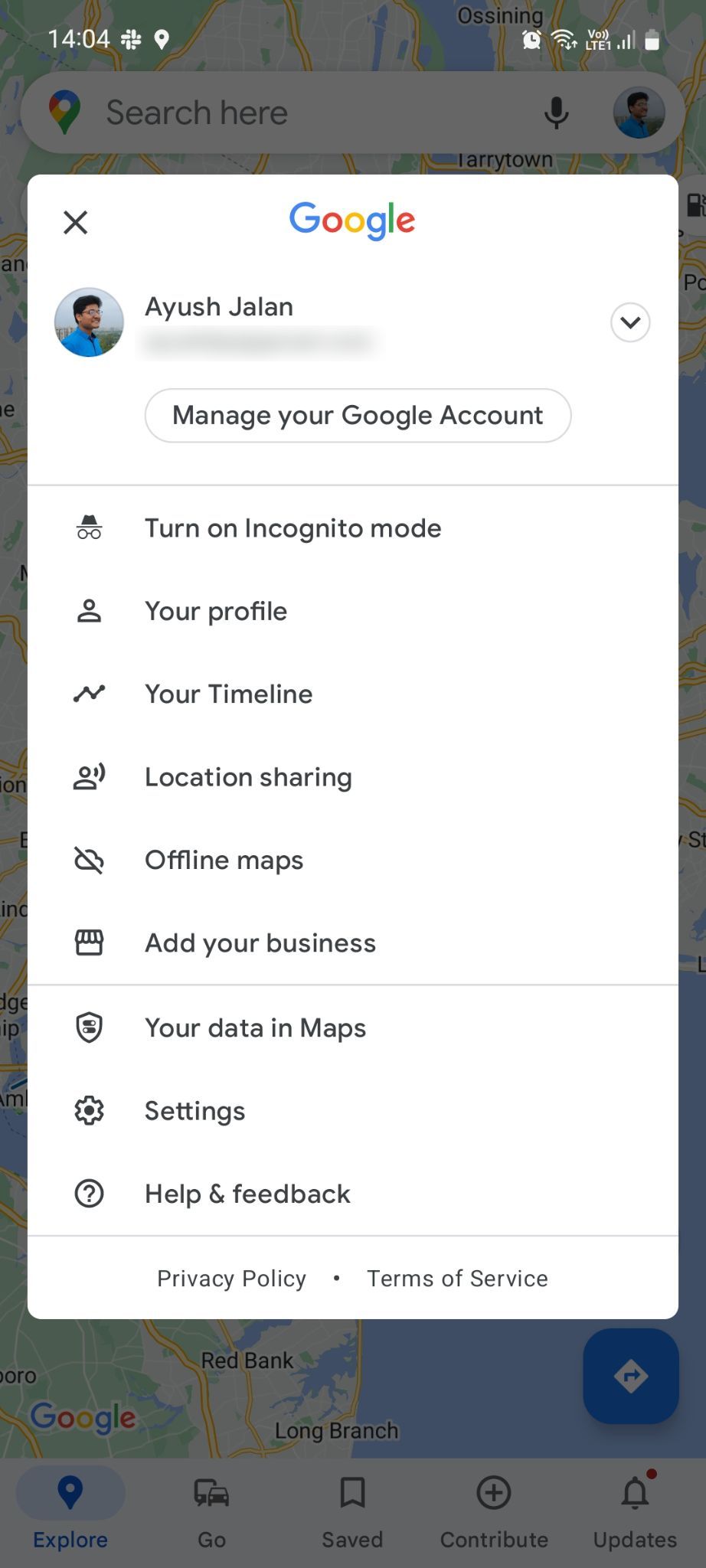 Google Maps main menu page