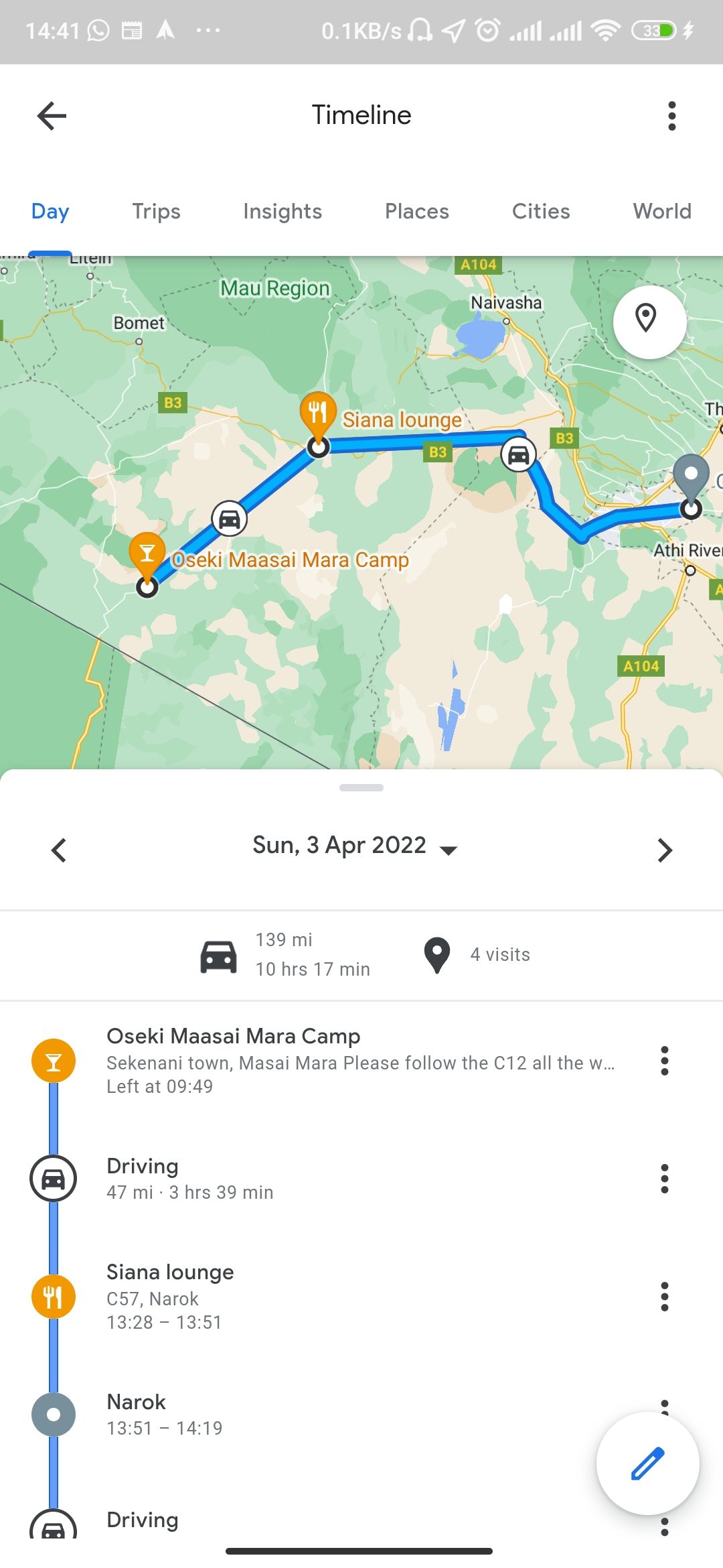 A day's location timeline in Google Maps