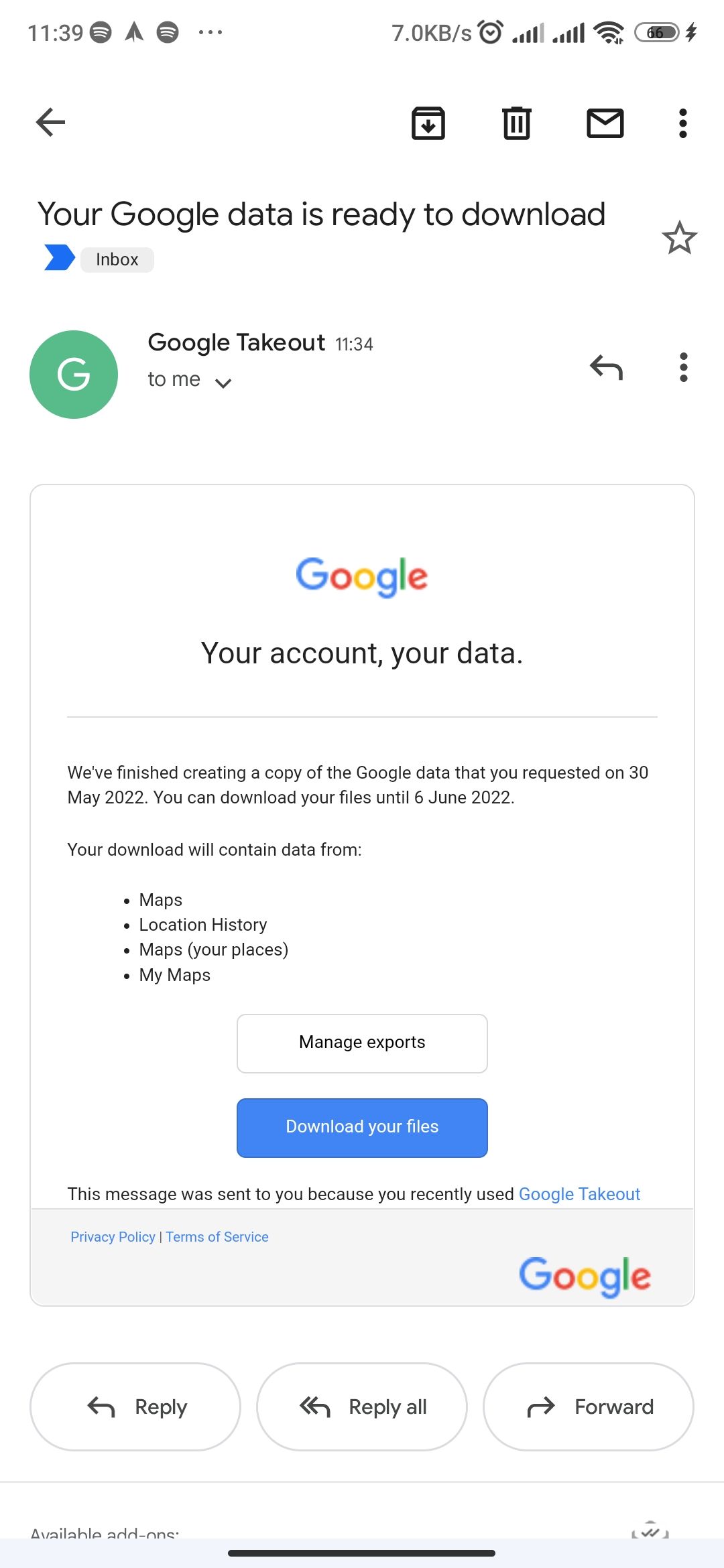 Google Takeout email with data download link
