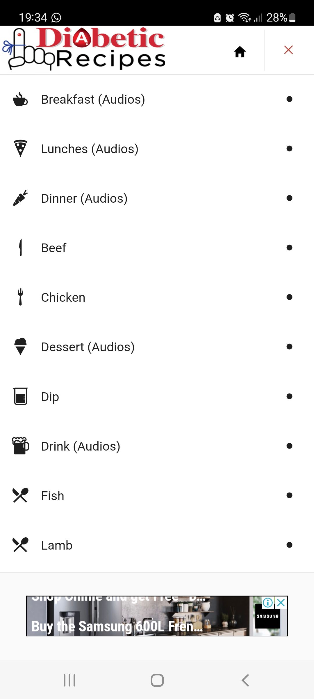 Great Diabetic Recipes app menu screenshot