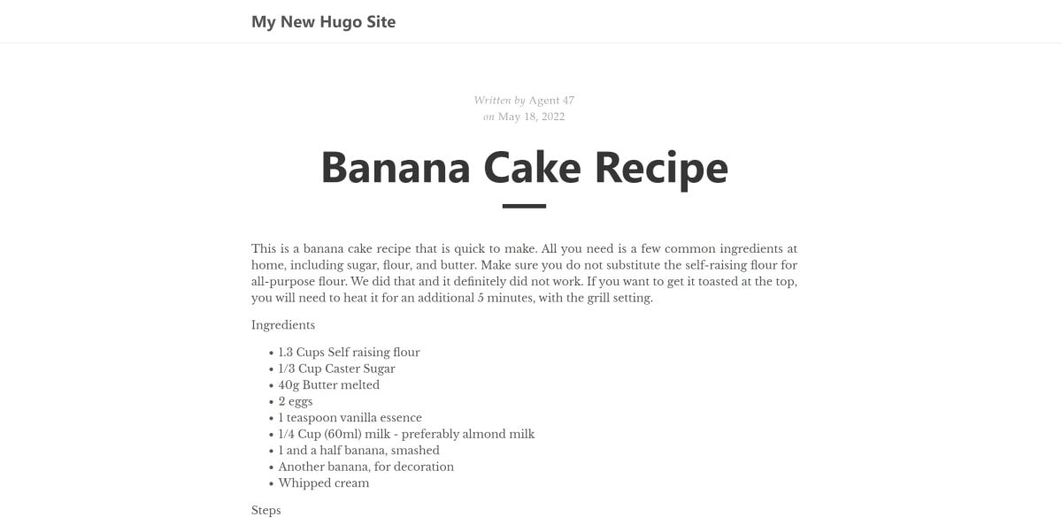 Example Hugo Post showing recipe