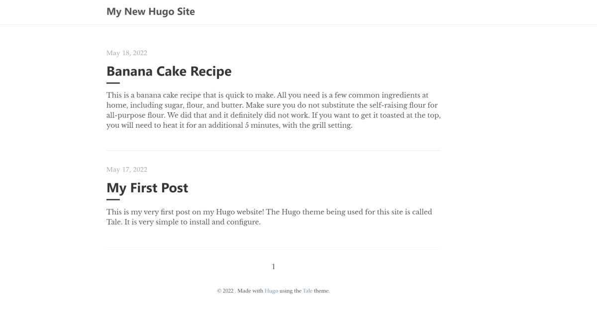 Hugo Site running, showing sample markdown content