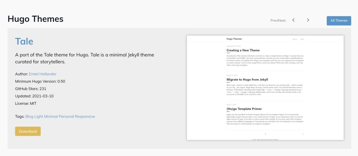 Hugo Themes Website with Tale Theme preview opened