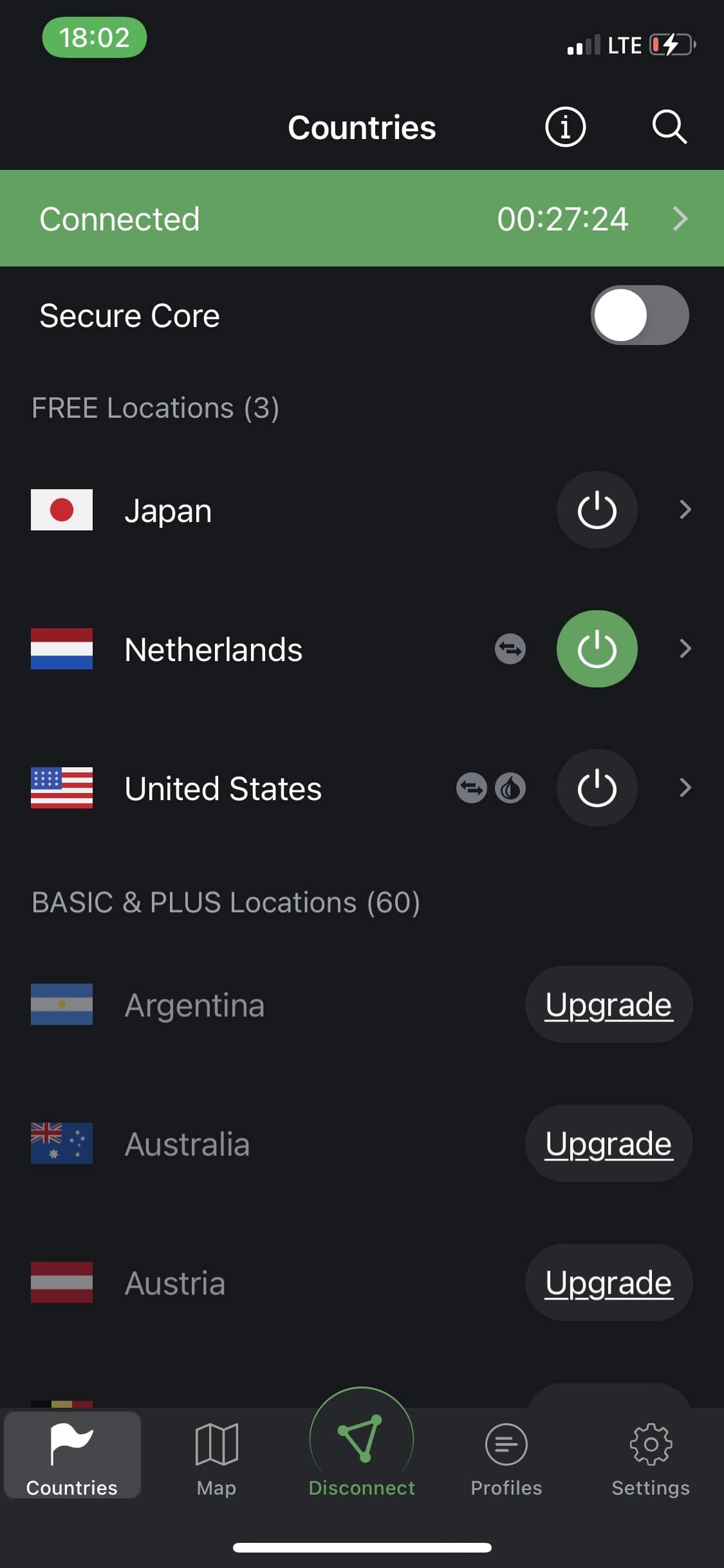 screenshot of server locations on Proton free VPN iOS
