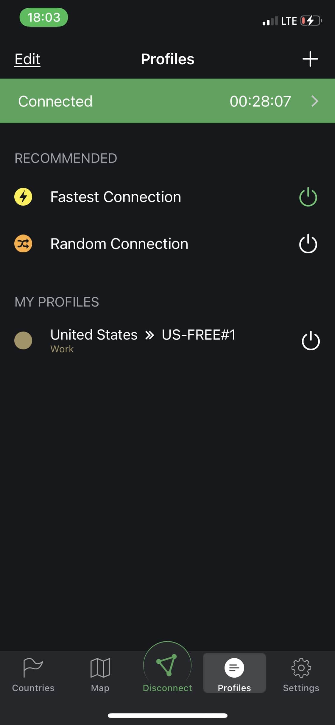 Screenshot of Proton VPN connection options on iOS app