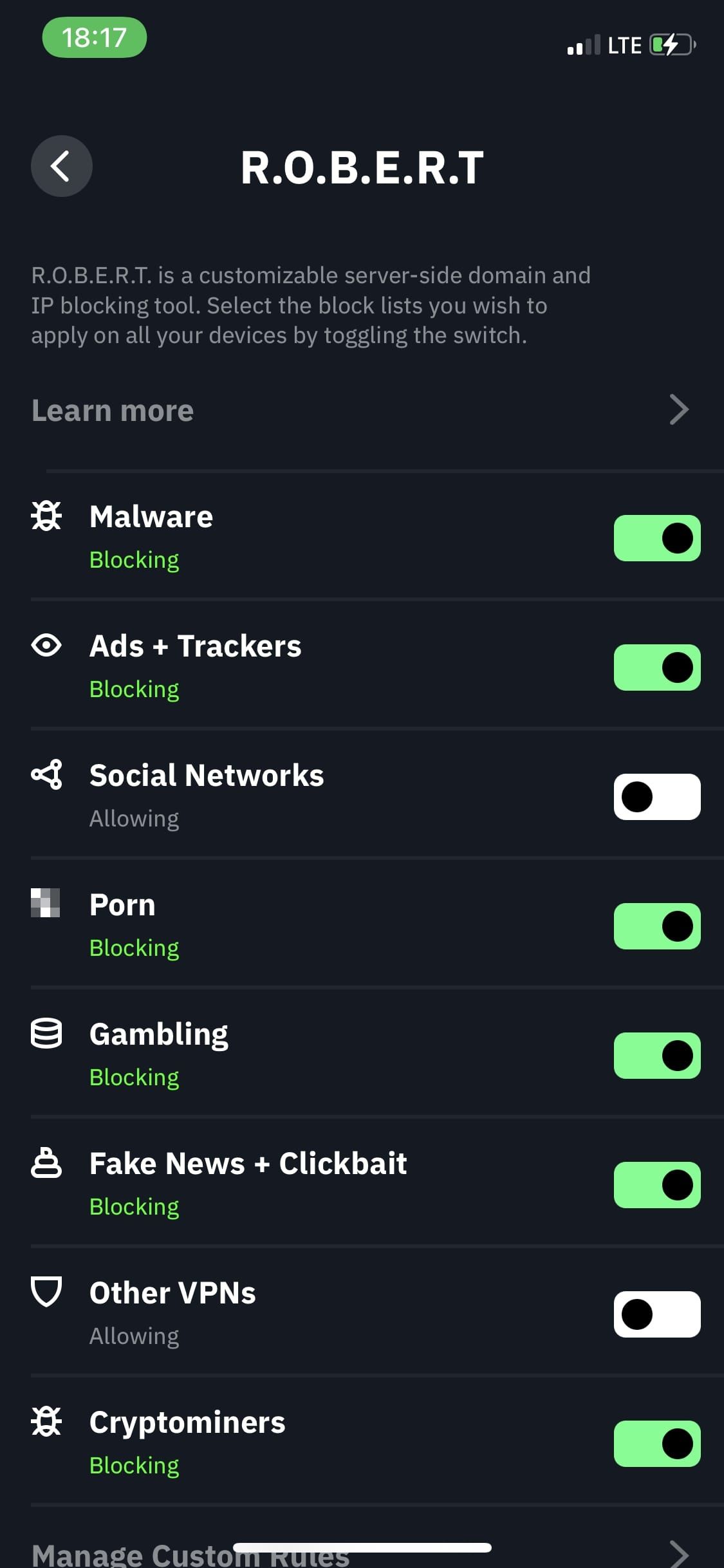 Screenshot of Windscribe VPN with toggles for content options