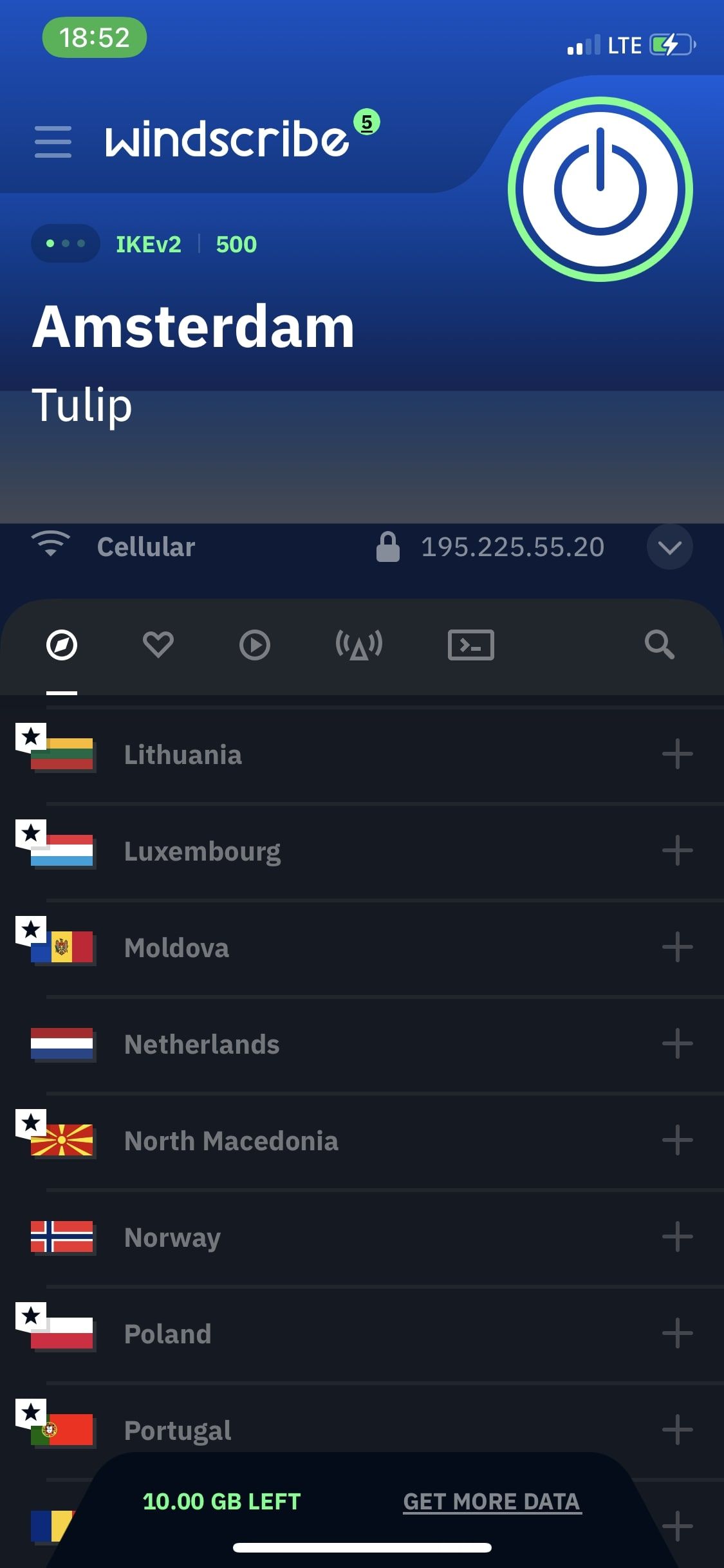 Screenshot of free Windscribe VPN showing server locations