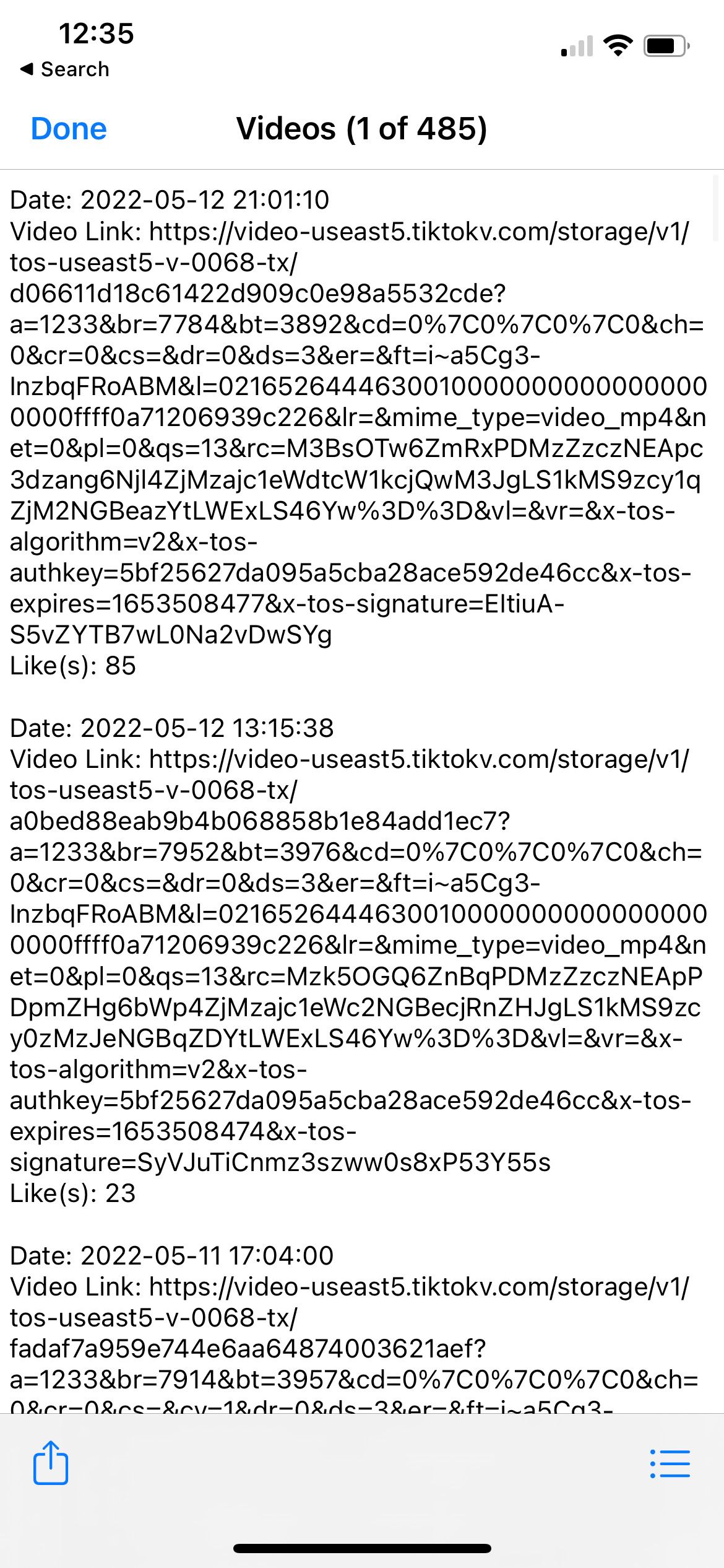 Screenshot of Text Data about TikTok videos