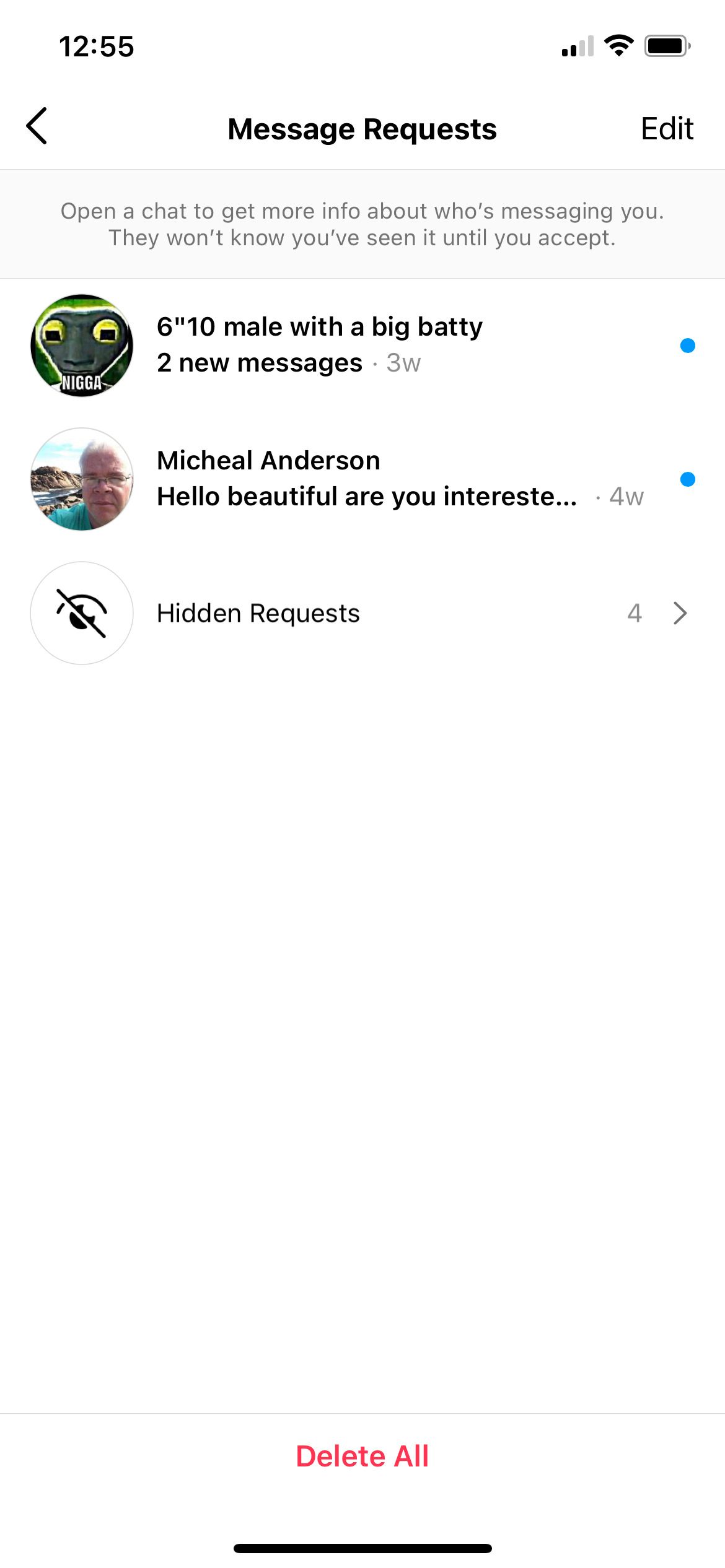 Screenshot of Message Requests folder on Instagram