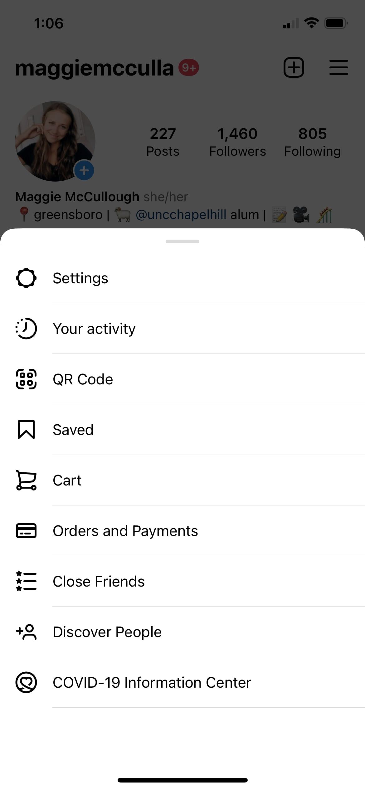 Screenshot of Instagram menu to navigate account