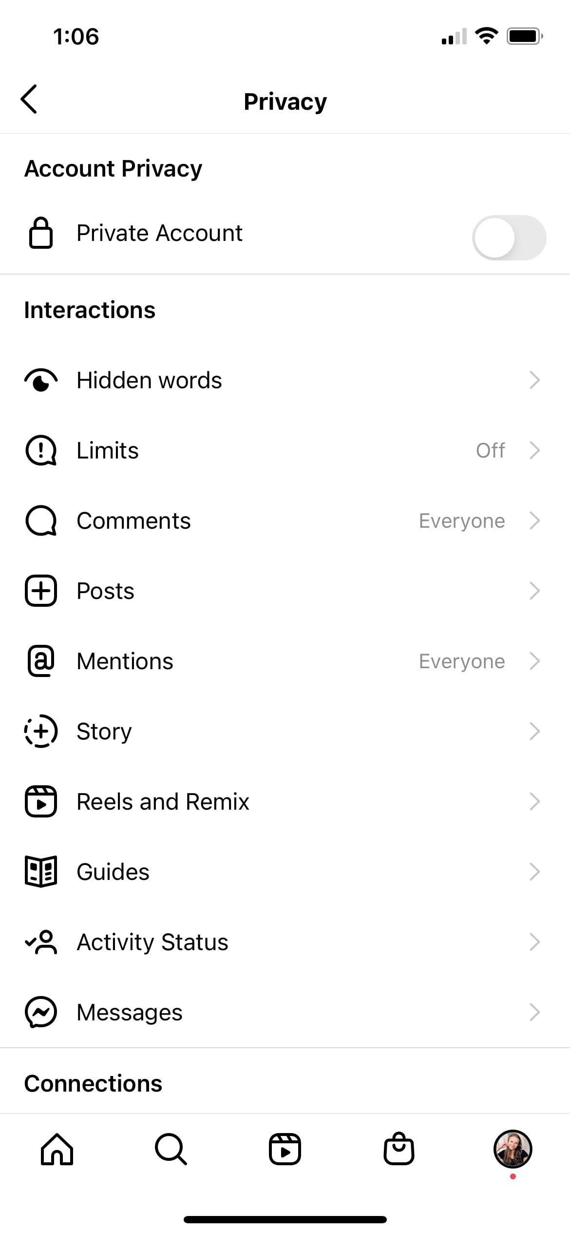 Screenshot of Instagram Privacy Settings