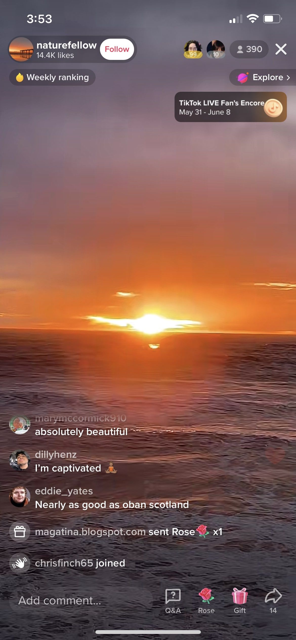 Screenshot of a TikTok Live of a sunset