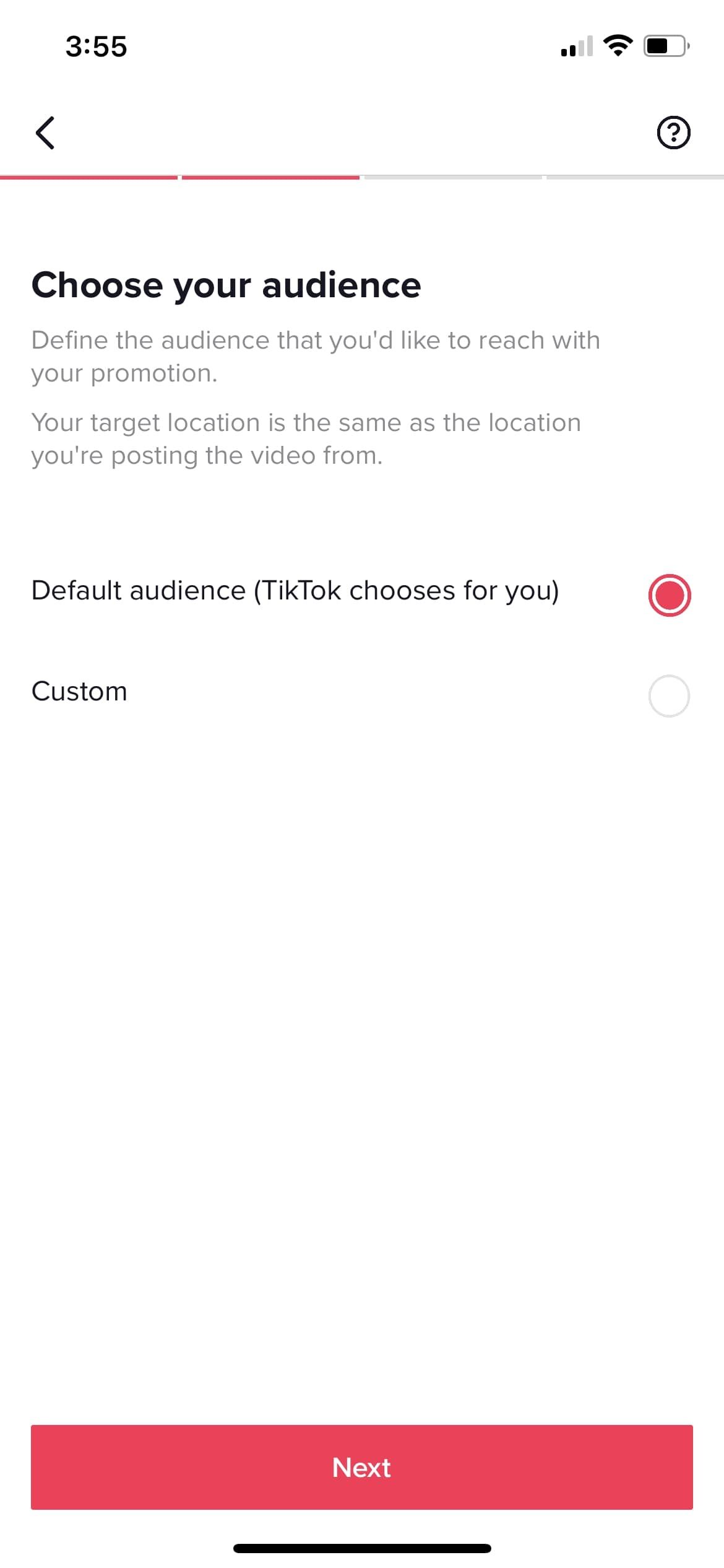 Screenshot of the choose your audience page for TIkTok promote
