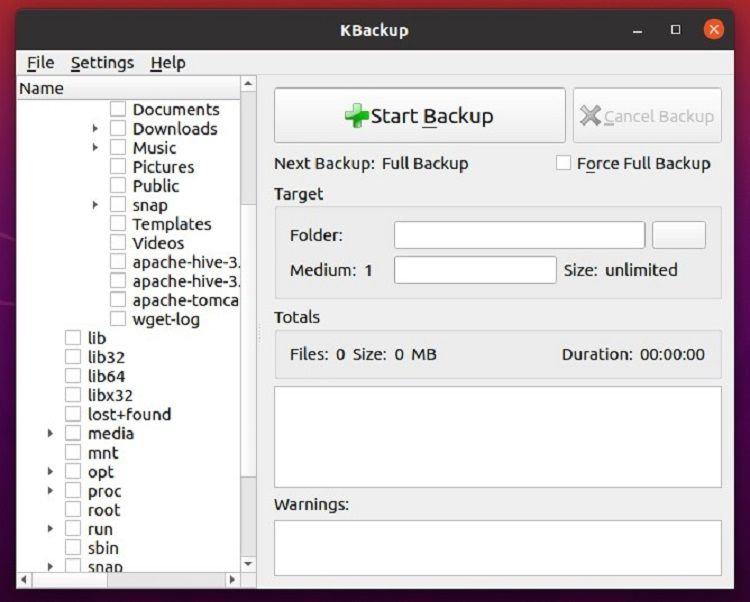 Kbackup UI screen in Linux