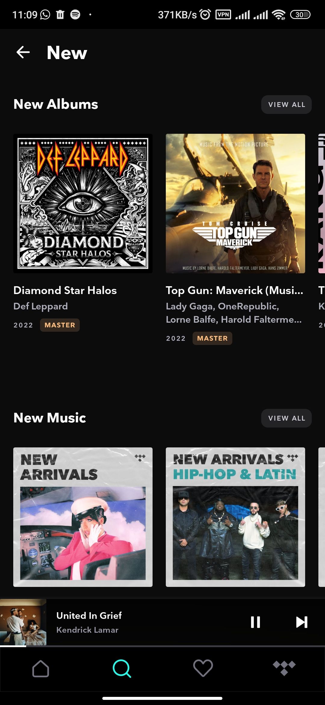 TIDAL app showing the latest albums and tracks