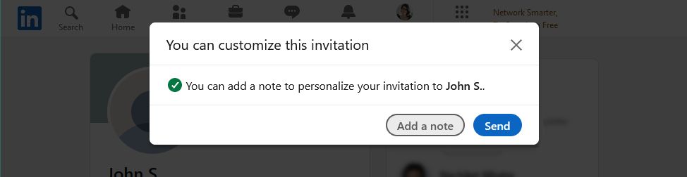 LinkedIn prompt to add a note