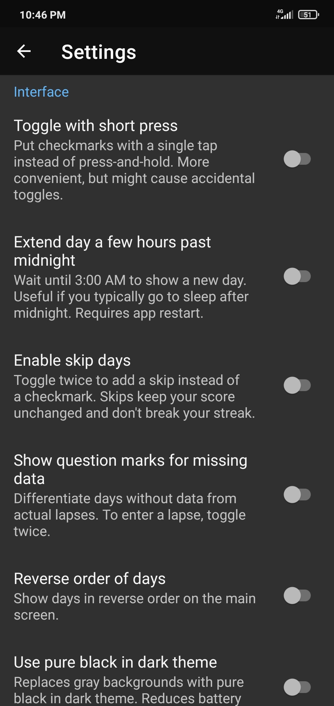 Screenshot of Loop Habit tracker settings