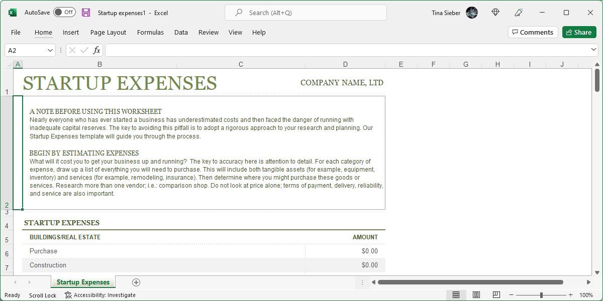 MIcrosoft Excel 365 Startup Expenses Template