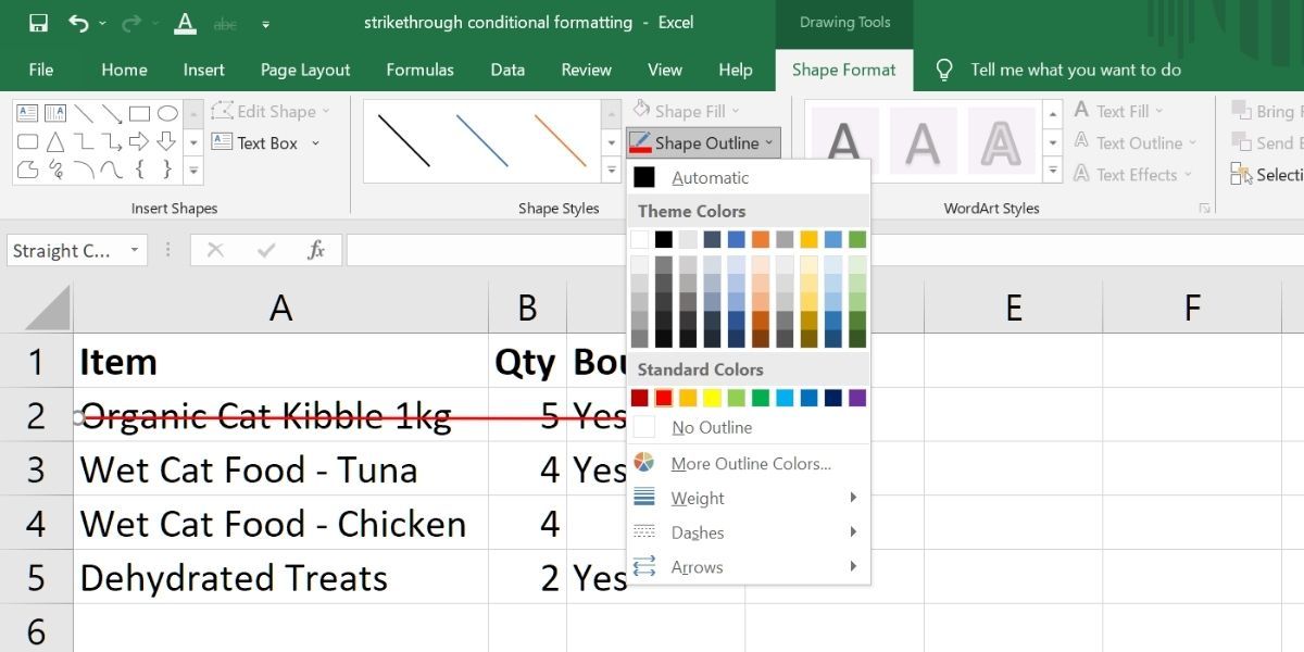 strikethrough with red color in excel