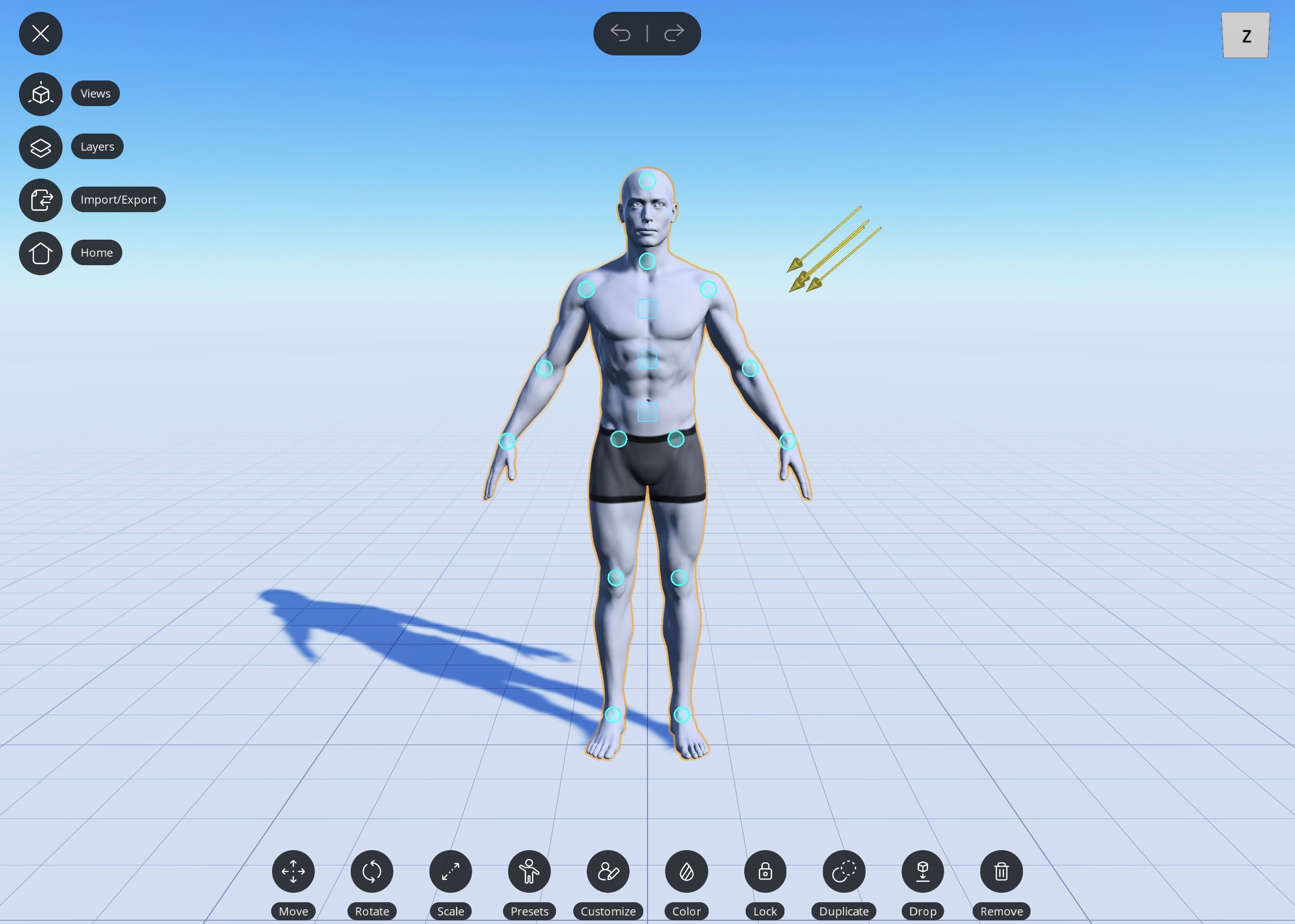 3D figure of a man in default position in Magic Poser's create mode