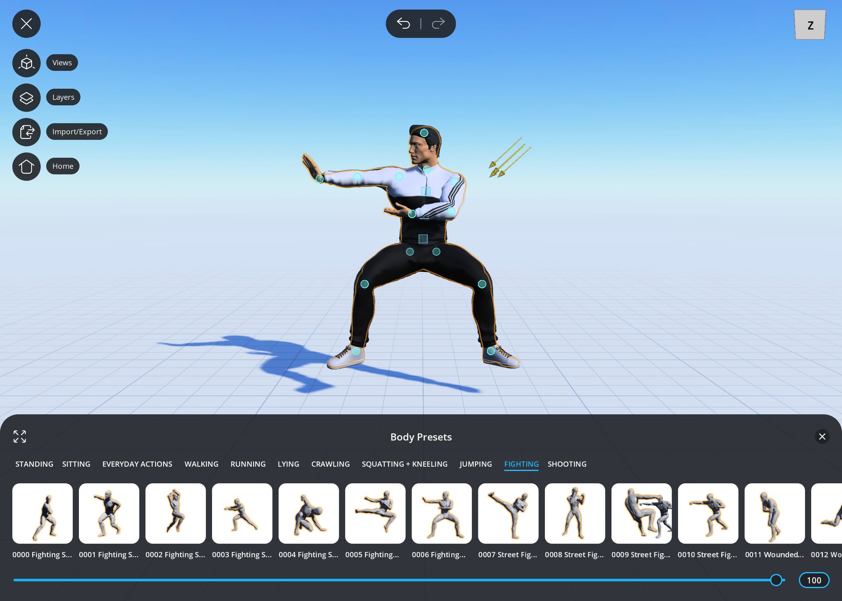 3D figure of a man in a fighting stance in Magic Poser 