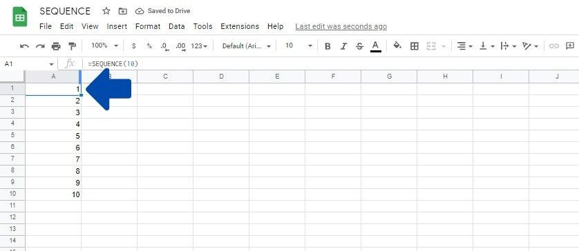 A screenshot showing how to make a single column sequence in Google Sheets