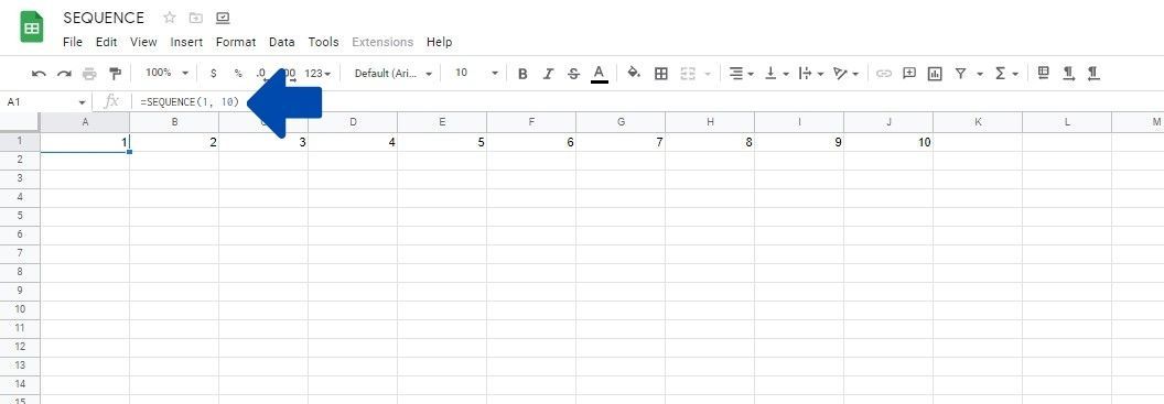 A screenshot showing how to make a single row sequence in Google Sheets
