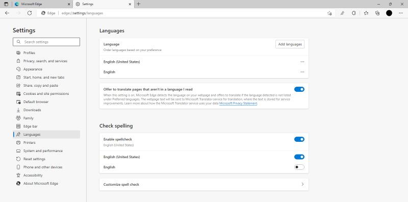 Microsoft Edge language settings page