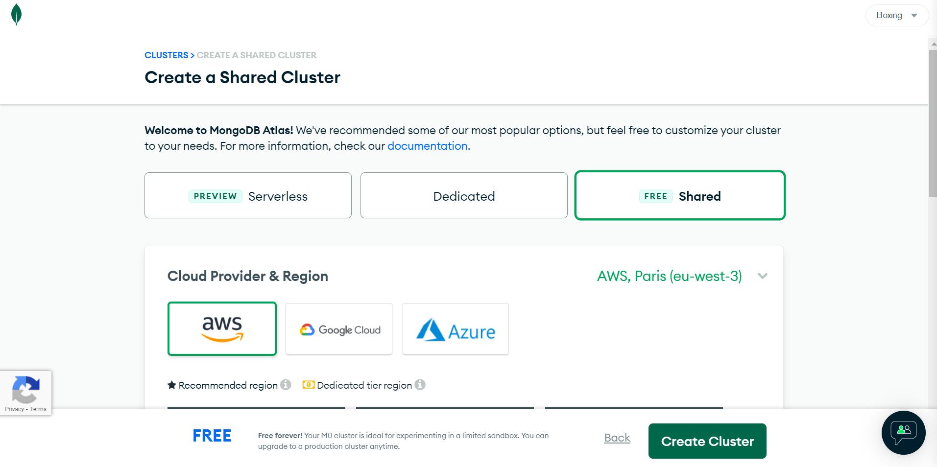 صفحه انتخاب سرویس ابری MongoDB Atlas