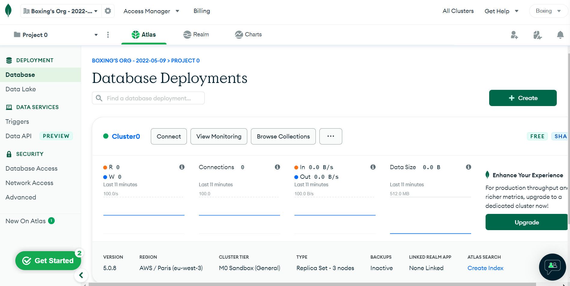 داشبورد خوشه MongoDB Atlas