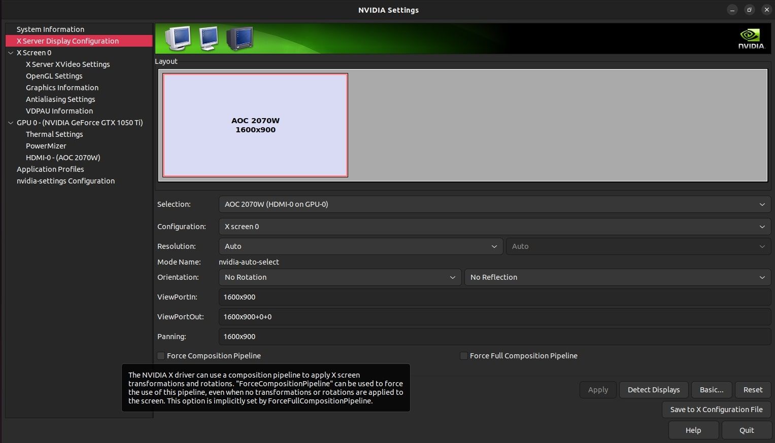 NVIDA X server settings dashboard