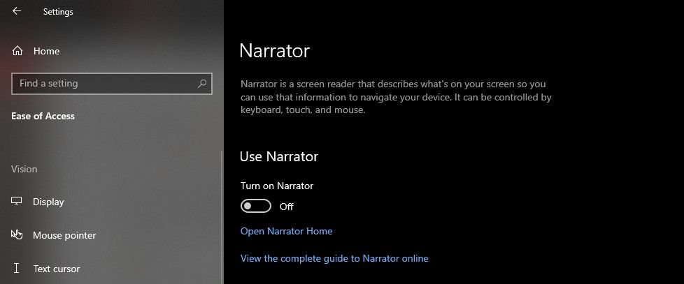 Turn on Narrator Button is Toggled Off in Settings