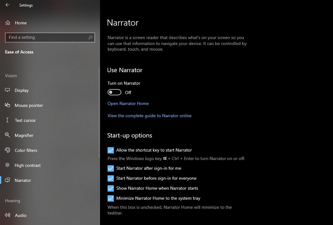 Narrator Settings Page in Windows Settings