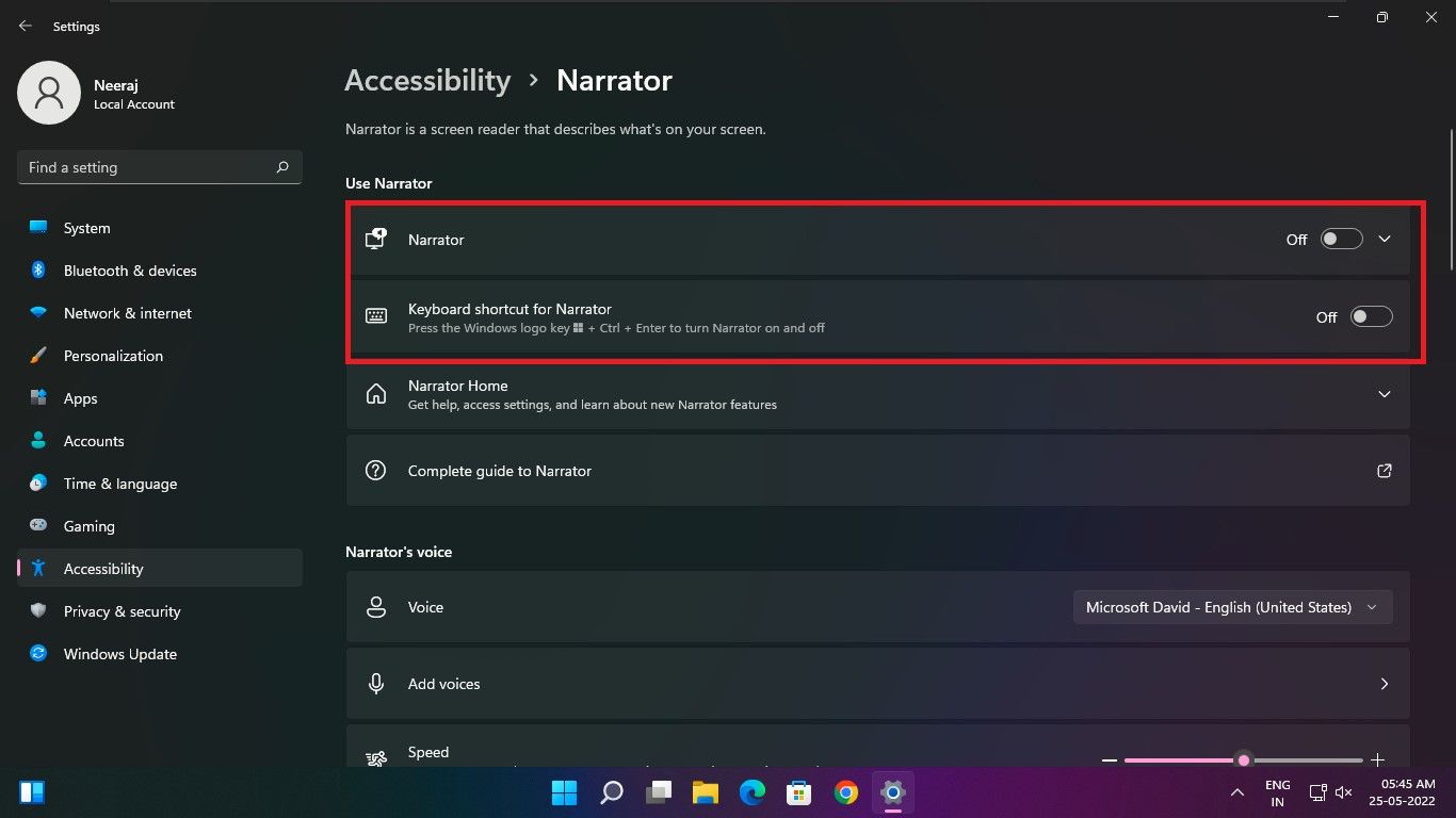 Narrator Settings on Windows 11 with Activation and Shortcut turned off