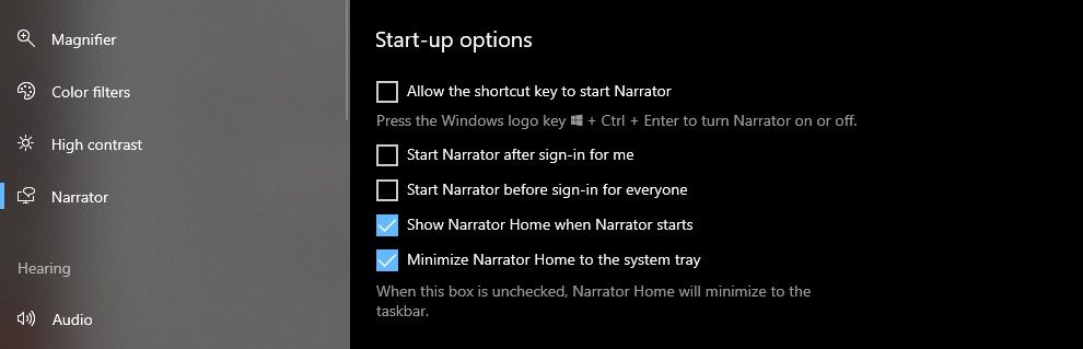 Narrator Start Up Options with Shortcut and Activation Turned Off