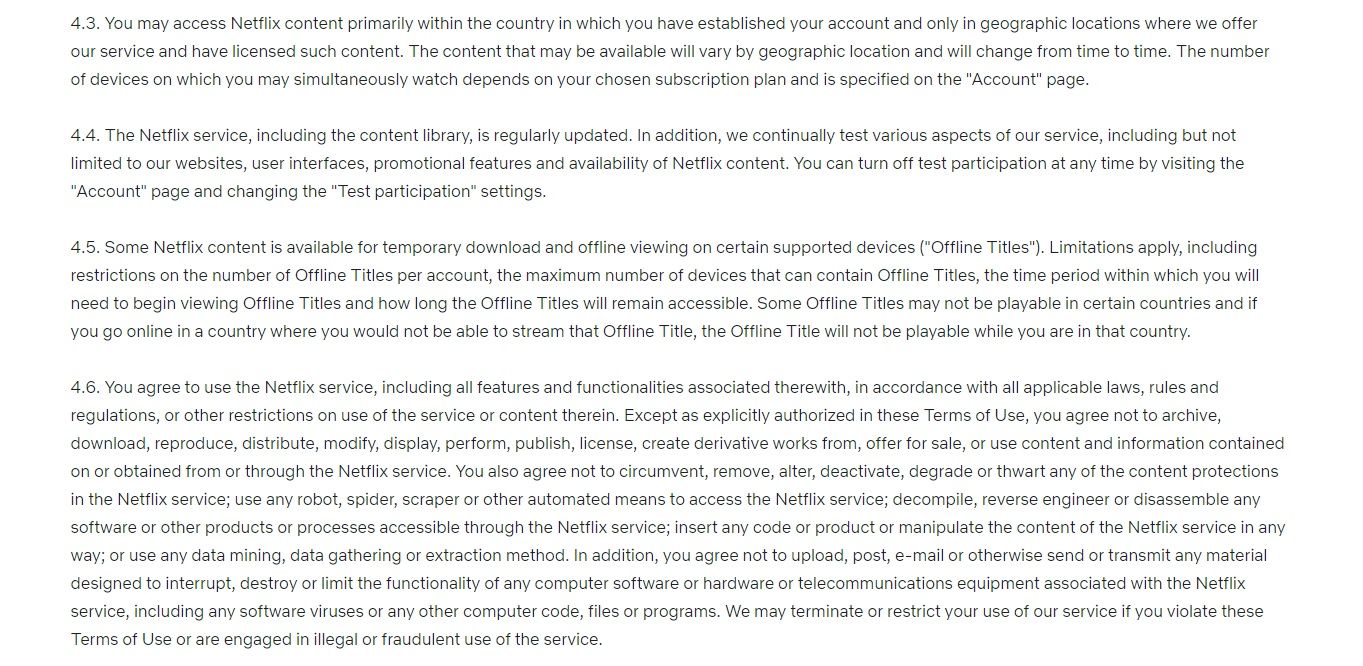 Netflix terms of service sections in question