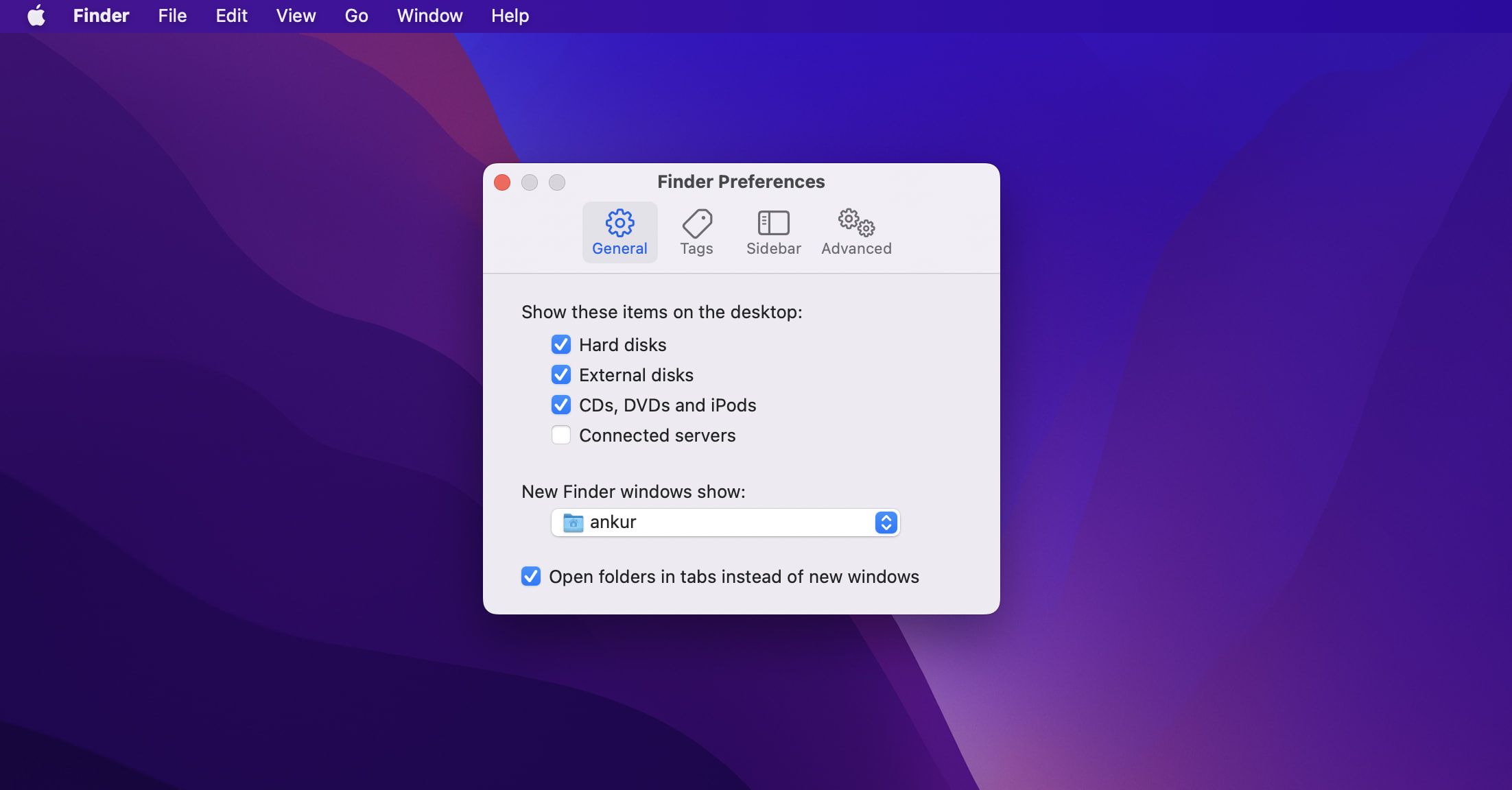 New Finder windows show option in Finder Preferences on Mac