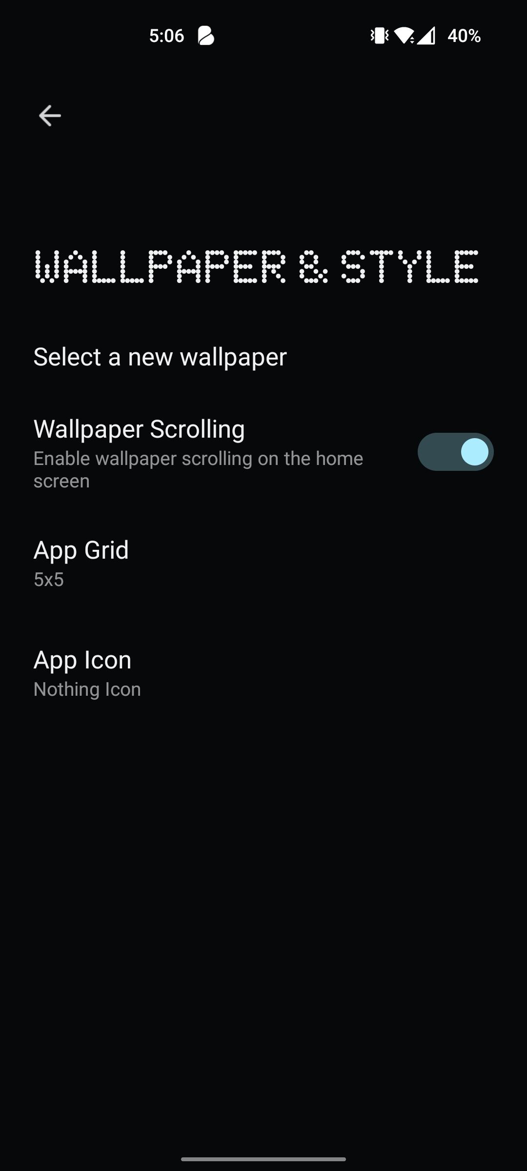 Nothing Launcher  wallpaper and style options with grid size selection