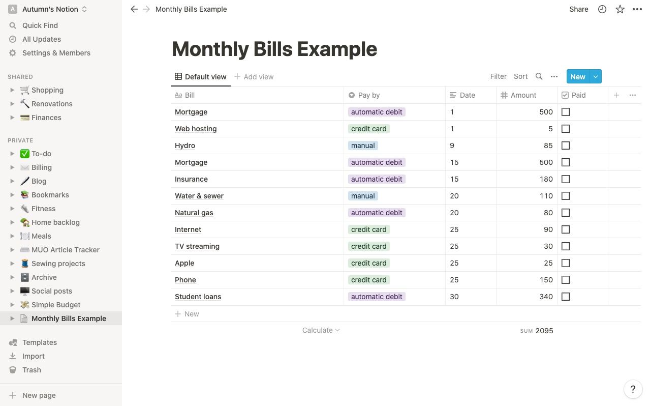 Screenshot of a bill payment list in project management software