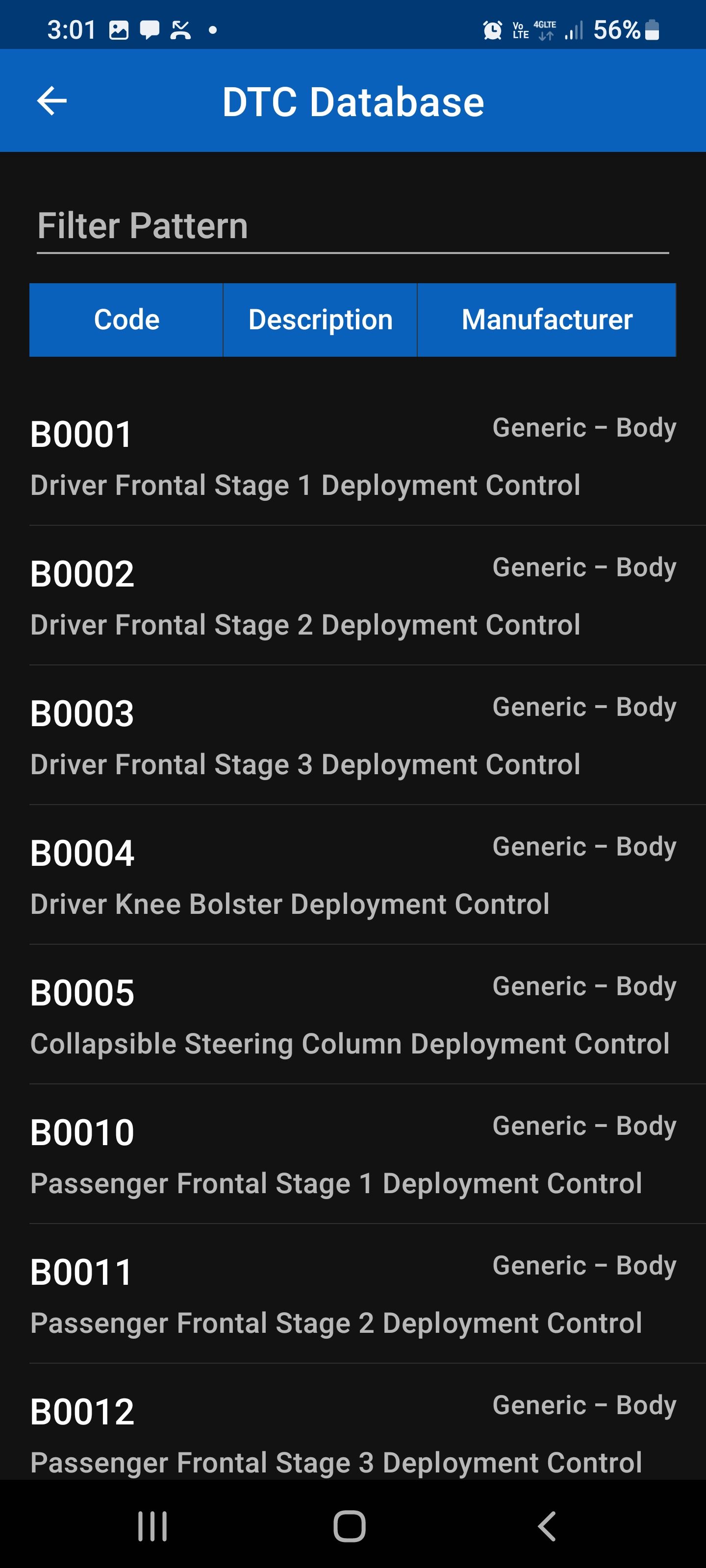 OBD Auto Doctor app's DTC database