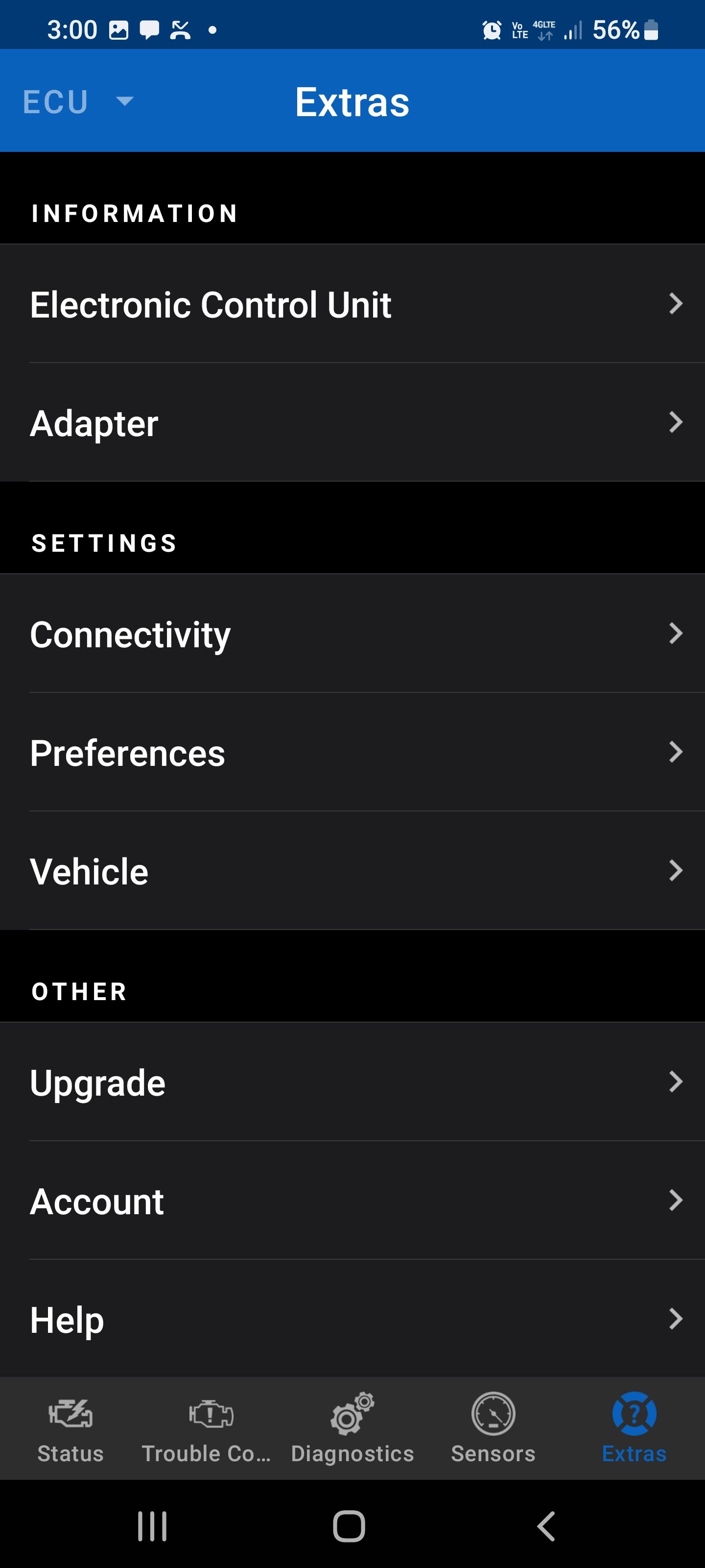OBD Auto Doctor app screenshot showing Extras menu