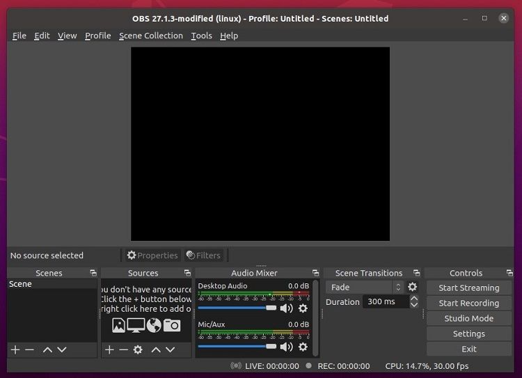OBS UI Screen in Linux