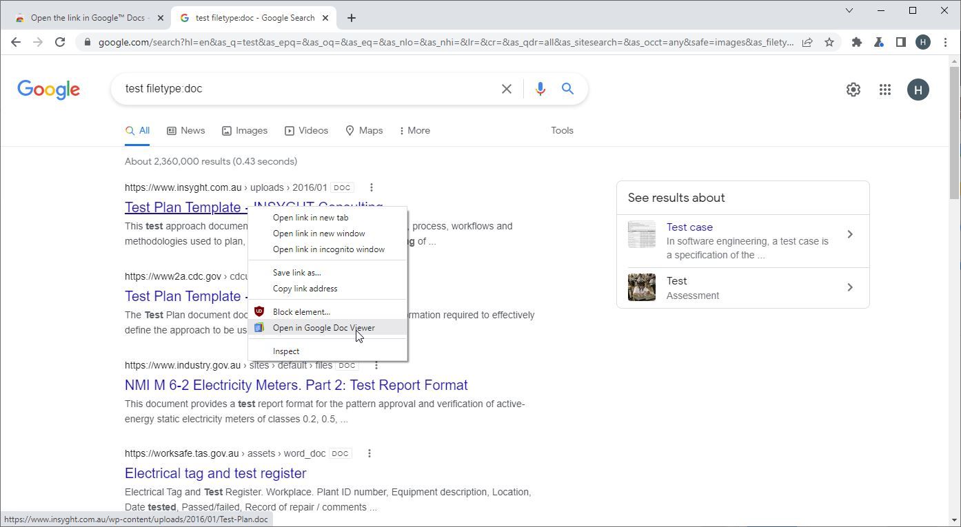 A Screenshot of the Open the link in Google Docs Extension in Use