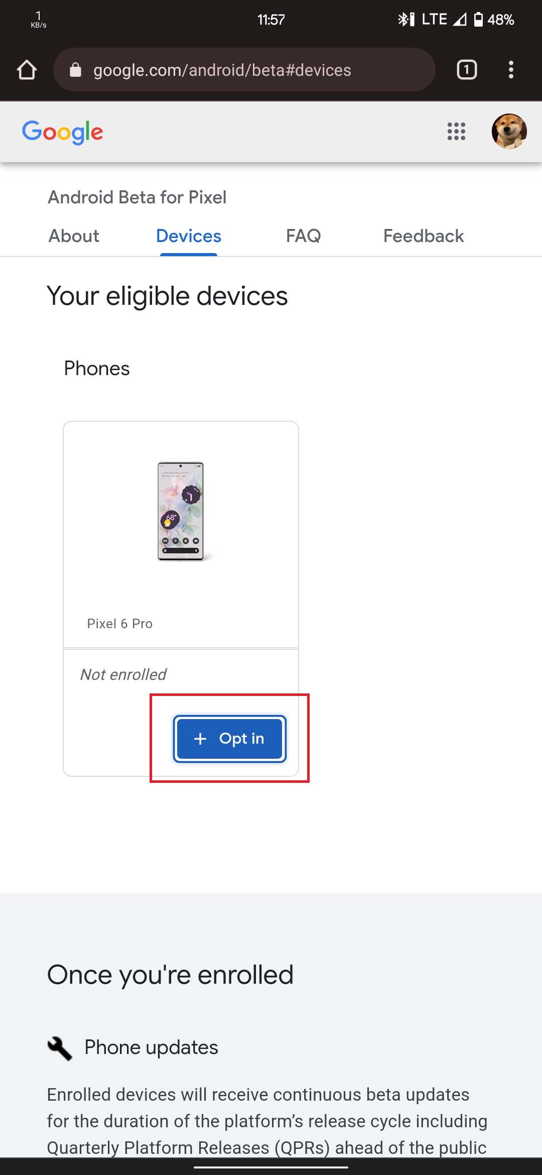 Opt-in option on eligible device page